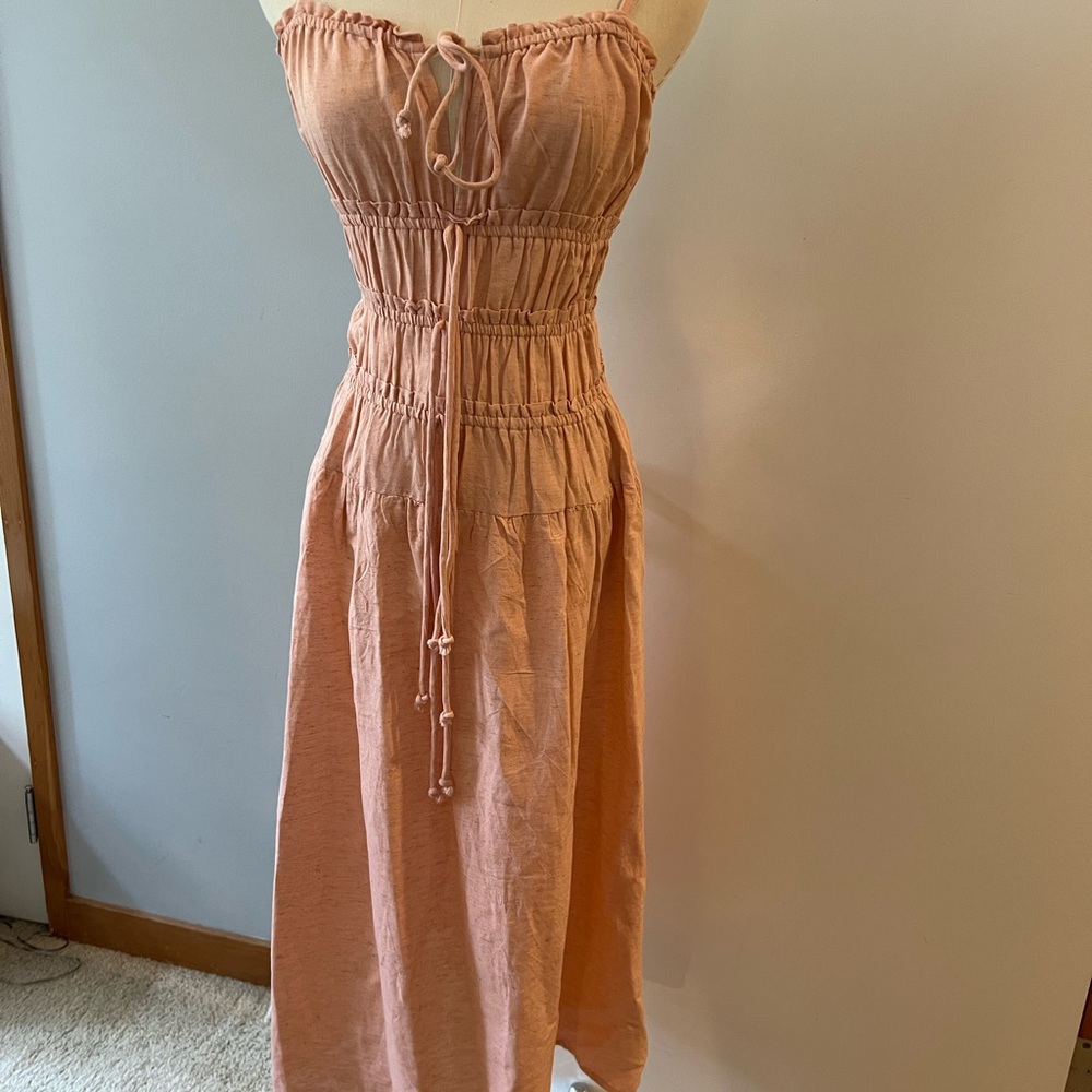 Pink Midi Sundress with Ruched Tie Front